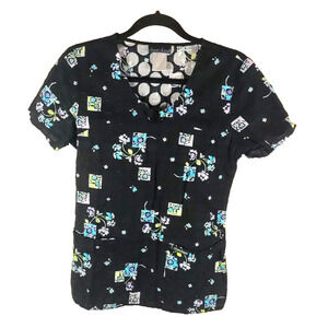 Vintage Cherokee Women's Scrub Top Size X Small Black Blue Purple Flowers...